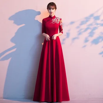 Plus Izmērs 3XL Ķīniešu Stilā Vakara Puse Kleita Lady Qipao Bordo Izšuvumus, Aplikācijas Cheongsam Banketa Kleitu Elegants Vestidos