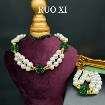 Mid-Seno Ornamentu Vintage Rietumu Glazūru Ziedu Divslāņu Stikla Pērļu Kaklarotu Augstas Kvalitātes Fāzēm Aproce