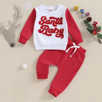 Toddler Jaundzimušo Bērnu Zēniem Ziemassvētku Bikses Komplekti Ar Garām Piedurknēm Vēstuli Izdrukāt Sporta Krekls Tīrtoņa Krāsas Bikses Komplekti