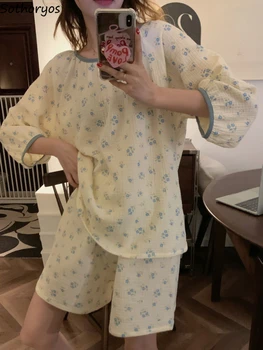 Pajama Komplekti Sievietēm Cute Ziedu Gadījuma Apaļu Kakla Loungewear Baggy Modes Sieviešu Vienkārši Korejiešu Stilā, Forši, Vasarā Jaunu Ērti