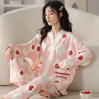 2023 V Kakla Sleepwear Sieviešu Pidžamas Komplekts Cute Augļu Drukāt Atpūtas Kokvilnas Sajauc Ilgi Gadījuma Homewear Liela Izmēra Naktsveļu