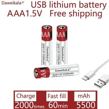 Lādētājs bezmaksas lielu jaudu 1,5 V AAA 5500mah USB uzlādējams litija jonu akumulators tālvadības pults bezvadu pele + kabelis