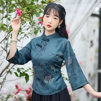 Cheongsam Sieviešu Plus Lieluma Īsām Topi 2023 Vasaras Modes Mežģīnes Izdrukas Stand Apkakli Cheongsam Slim fit Ķīnas Qipao Krekli Sieviete
