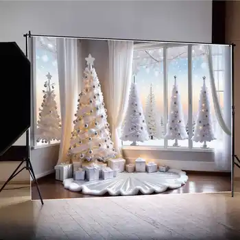 MĒNESS.QG Fons Ziemassvētku Jaunums Sudraba Balts Koks Balts Draping Auduma Fona Rotājumu Dāvanu Bumbu Paklāju Foto Aksesuāri