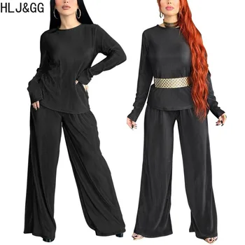 HLJ&GG Black Gadījuma Cietā Plaša Kāju Bikses Divas Gabals Komplekti Sievietēm Apaļu Kakla garām Piedurknēm Augšu Un Bikses Tērpiem Elegants OLA Apģērbi