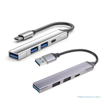 4 Porti Alumīnija Sakausējuma USB Centrmezglu ar 2USB2.0 1USB3.0 TypeC Adapteris Atbalsta Veids C un USB Ierīces
