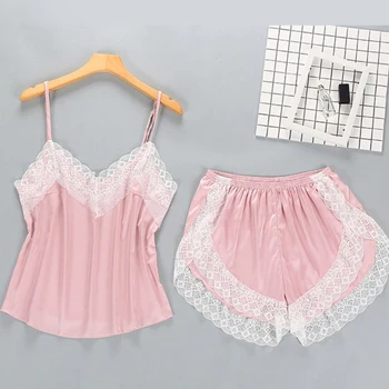 Sieviešu Sleepwear Sexy Satīna Pidžamas Komplekts Baltā krāsā Mežģīnes V-veida Kakla Pidžamas bez Piedurknēm Gudrs Cami Top Un Šorti