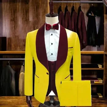 Modes Dzeltena Vīriešu Slim Fit Uzvalks, Smokings Līgavainis Oficiālu Kāzu Vakariņas Puse Uzvalks Pasūtījuma Vīriešu Labākais Cilvēks Žakete 3 Gabali