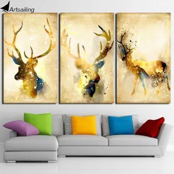 HD iespiests 3 gabals briežu, aļņu, dzīvnieku dzeltenās sienas mākslas audekls Krāsošana sienas, attēlus dzīvojamā istaba plakāti Bezmaksas piegāde/ny-6750D