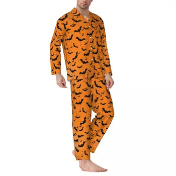 Halloween Bat Pidžamas Vīriešu Oranža Un Melnā Gudrs Mīksto Miega Sleepwear Rudens 2 Gabali Gadījuma Lielgabarīta Iespiesti Pajama Komplekti