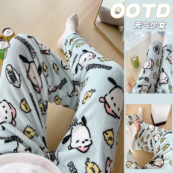 Kawaii Pochacco Sieviešu Plīša Pidžamas Bikses Sanrioed Anime Hello Kitty Ziemas Bikses Plus Samta Siltas Bikses Atpūtas Mājas Modes