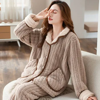 2023 Jaunā Sieviešu Pidžamas Sabiezējumu Rudens Ziemas Flaneļa Loungewear pusmūža Māsu Drēbes Plus Garas Piedurknes Silts Sleepwear