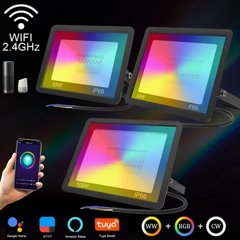 Tuya Smart WiFi RGB Spuldzi 220V 100W 50W 30W Ūdensdrošs LED Atstarotājs Plūdu Gaismas, Alexa, Google Street Lampu RGB Aptumšojami