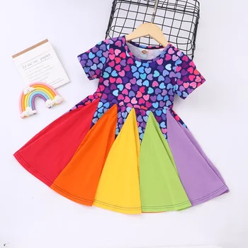 Tauriņš Rainbow Meitenes Kleita ar Īsām Piedurknēm, Bērni, Kleitas, Meitenes Apģērbu 1-6Y Vasaras Kleita Meitenēm Bērniem Drēbes Krāsains Mīlestība