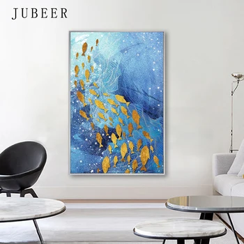 Nordic Style Zilā Eļļas Glezniecības Zelta Foliju, Zivis, Jūras Anotācija Dekoratīvais krāsojums, lai Dzīvojamā Istaba Plakātu un Izdrukas Mājas Dekoru